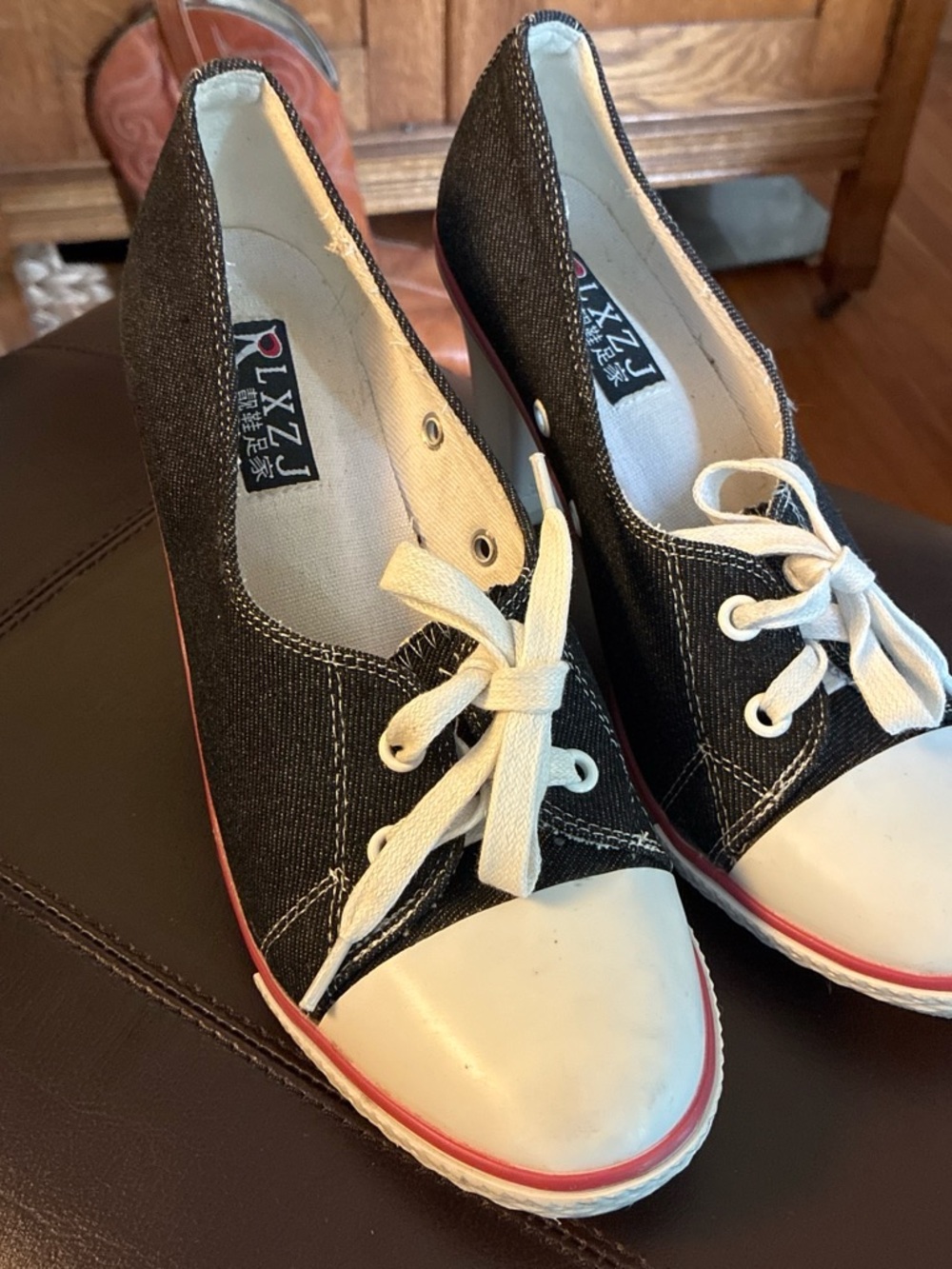 Black Canvas Wedge Heels with White Cap Toe